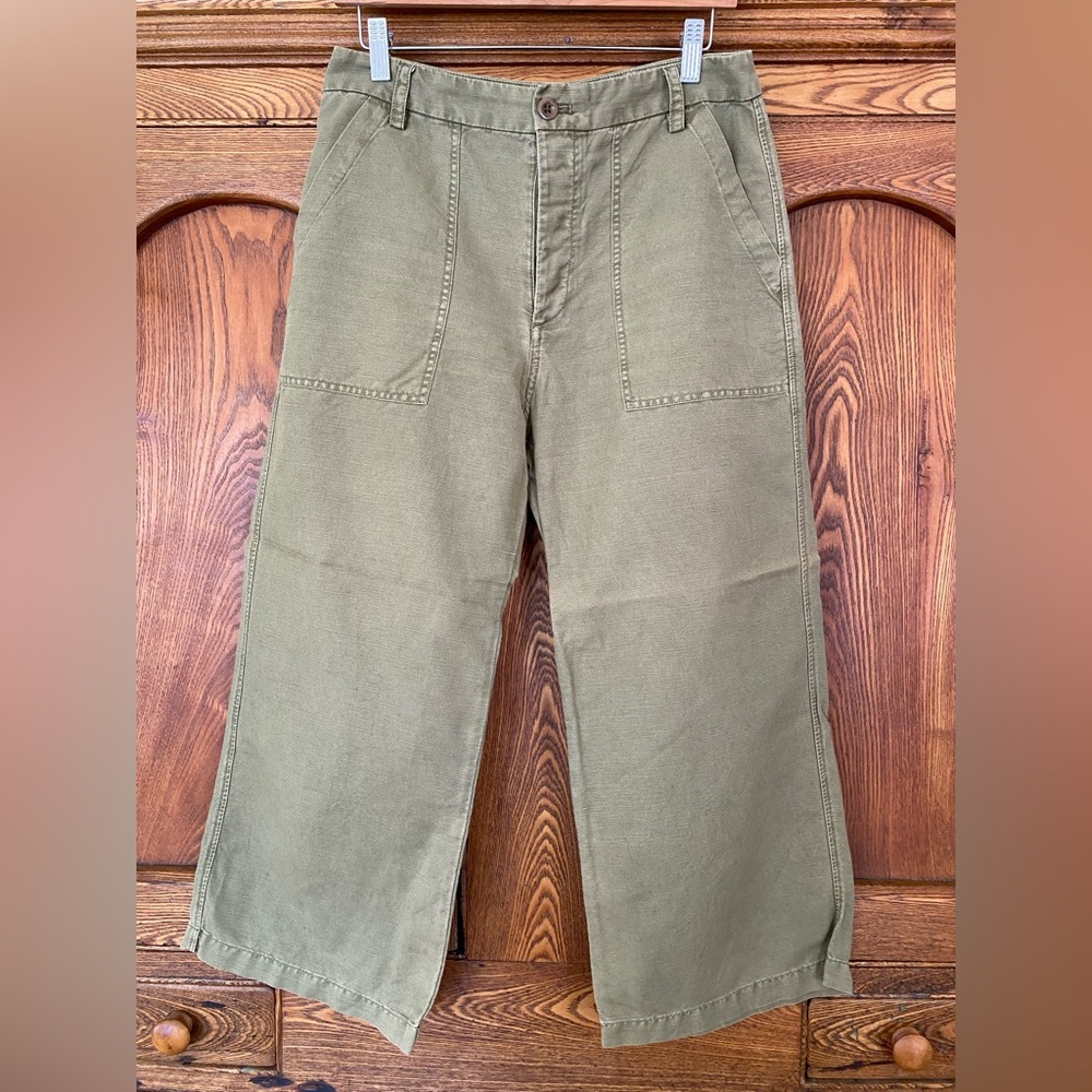 J Crew 8 M high waist crop wide leg chino pants cotton linen canvas olive green